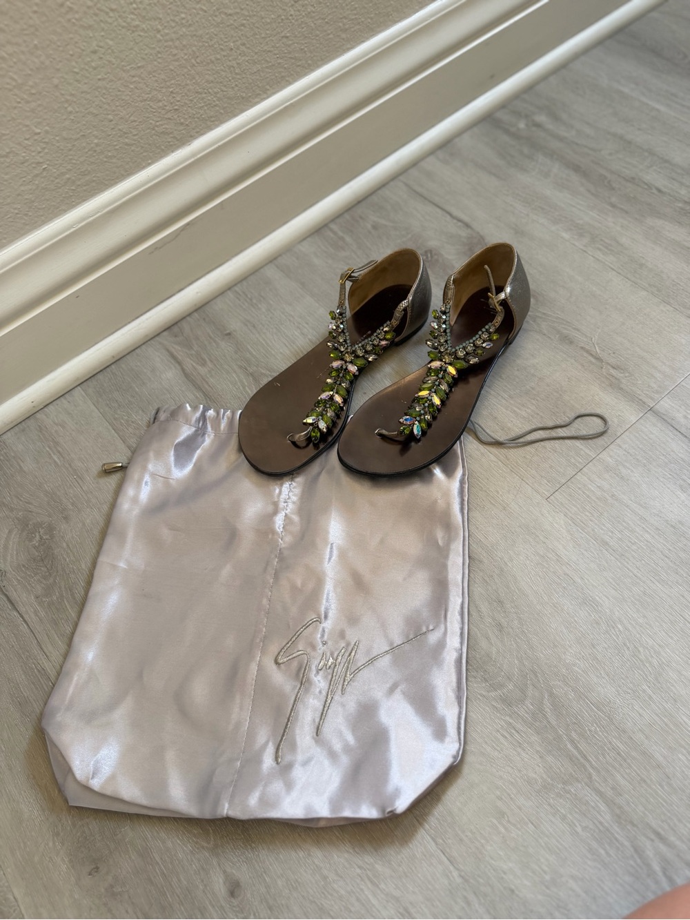 Embellished T-Strap Brown Sandals with dust bag